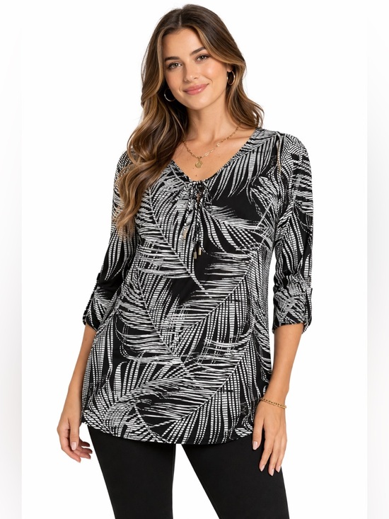 Portocruz Dresses & Skirts - Black & White Palm-Print Mini Dress with Tie Front